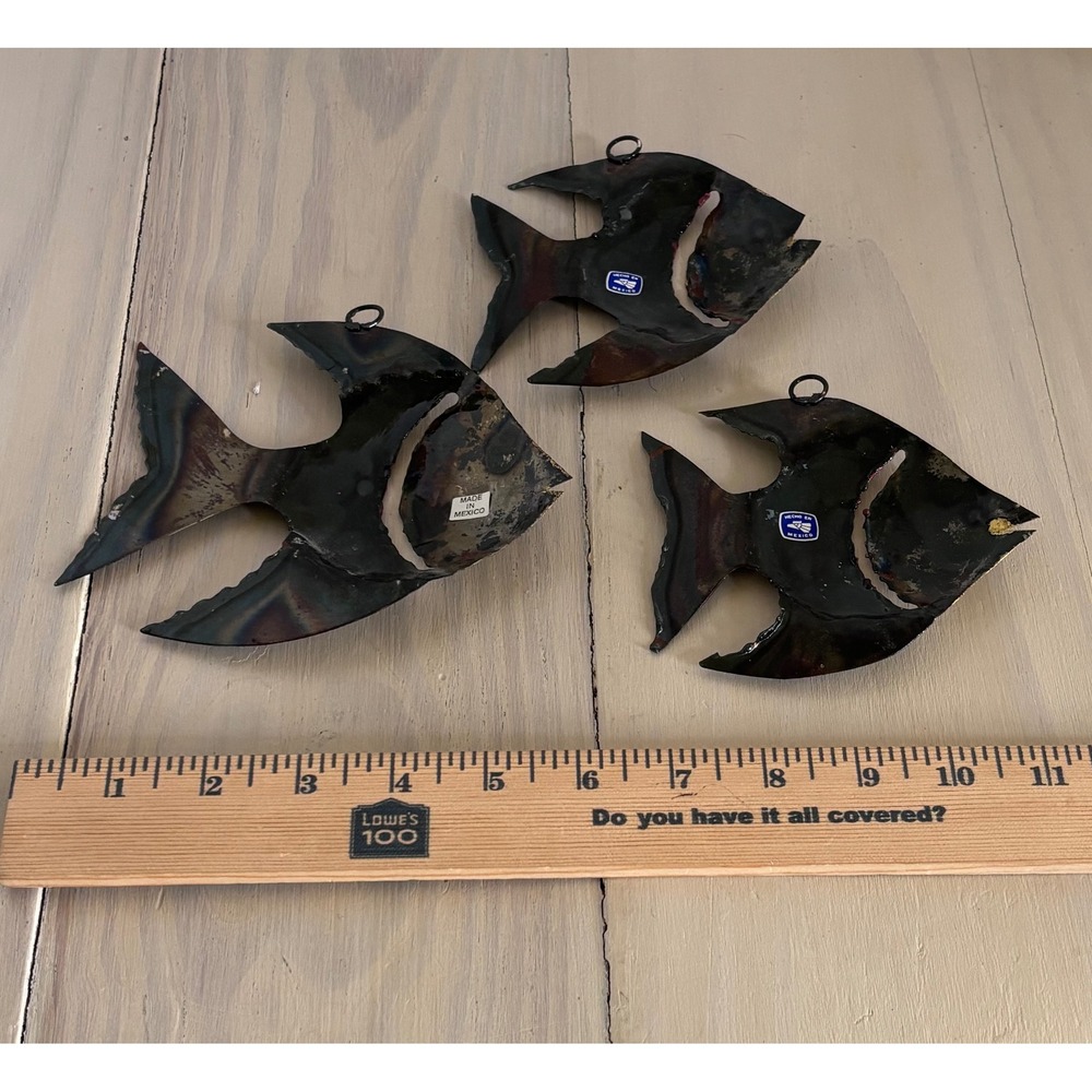 Vintage Brutalist Mixed Metal Angel Fish Wall Art Set 3 Made in Mexico MCM Folk - Picture 7 of 11